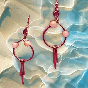 Copper Hoop Earrings with Peach Pearlescent Beads and Copper Dangles